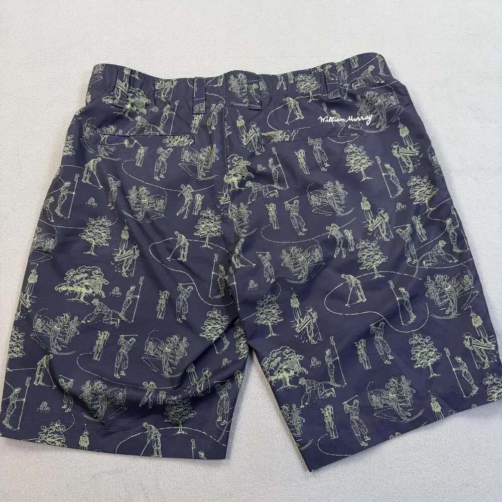 William Murray Golf Shorts Mens 34 Blue Golf Print Straight Fit Stretch